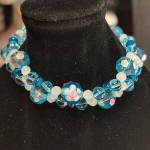 Hand crafted spring bracelet Blue czech crystal and lampwork beads 7 inches